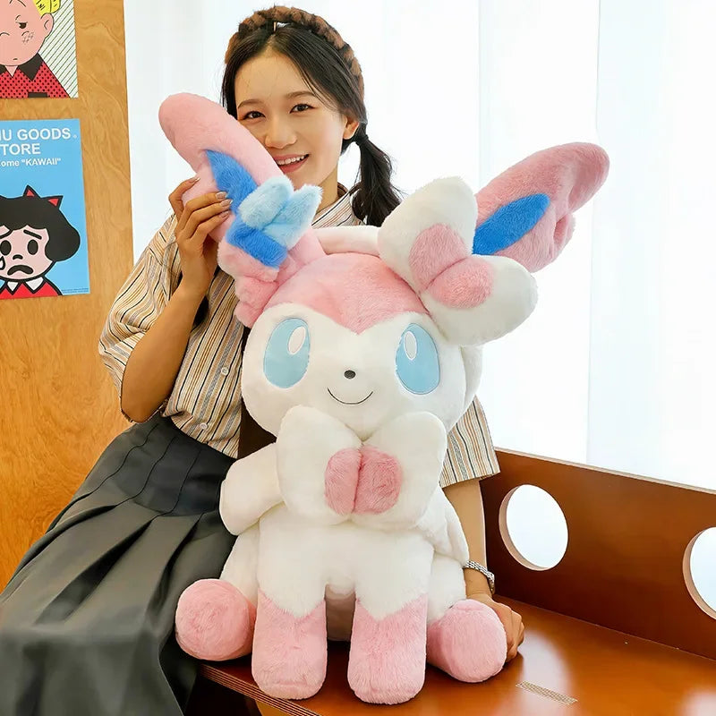 Sitting Pose Sylveon Plush Toy Huggable Soft Fluffy Stuffed Anime Doll Japanese Style Throw Pillow Sofa Bed Home Decor Gifts