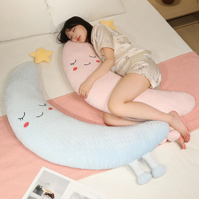 Cute Moon Shape Bubble Plush Body Pillow Soft Long Sleeping Hugging Pillow with Star Decor Home Sofa Decor Gift for Girls
