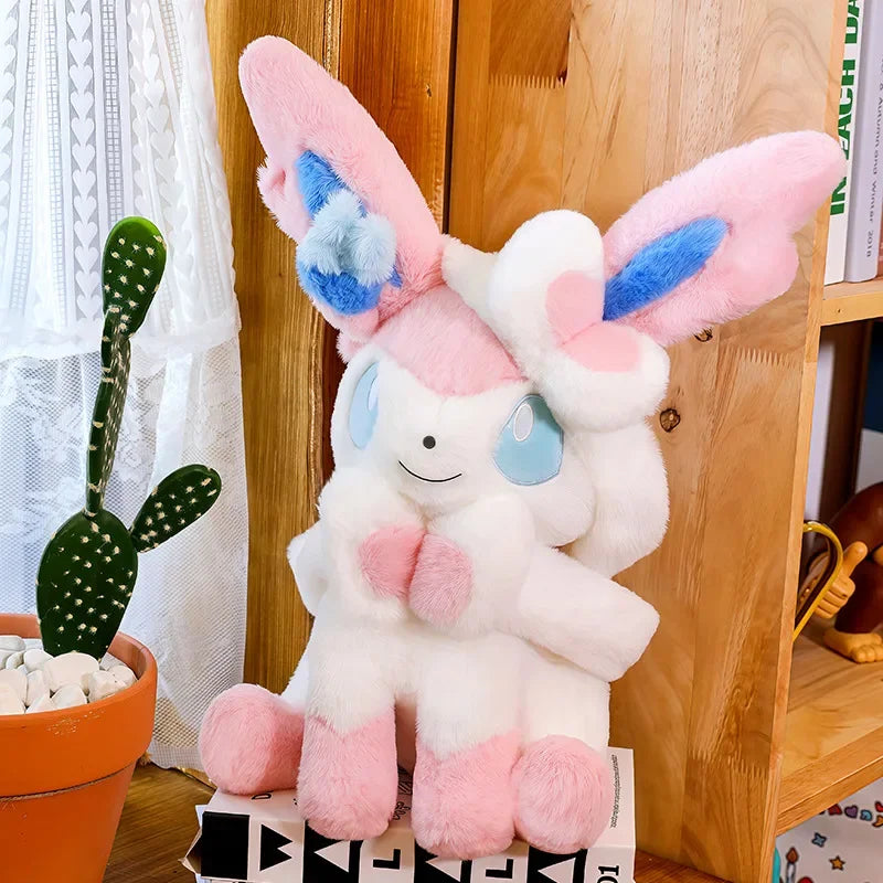 Sitting Pose Sylveon Plush Toy Huggable Soft Fluffy Stuffed Anime Doll Japanese Style Throw Pillow Sofa Bed Home Decor Gifts