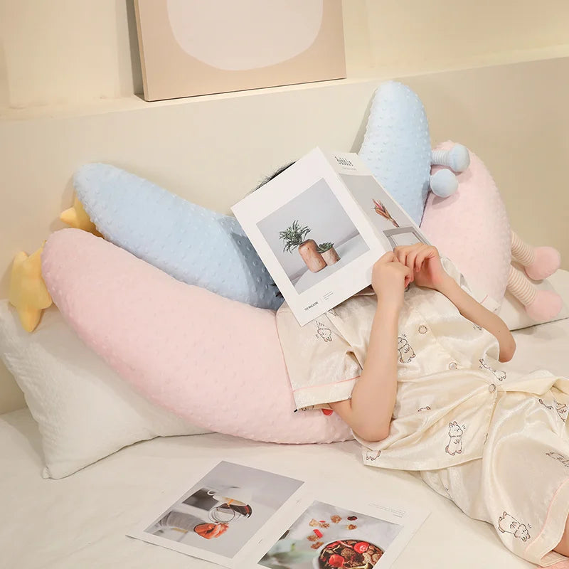 Cute Moon Shape Bubble Plush Body Pillow Soft Long Sleeping Hugging Pillow with Star Decor Home Sofa Decor Gift for Girls